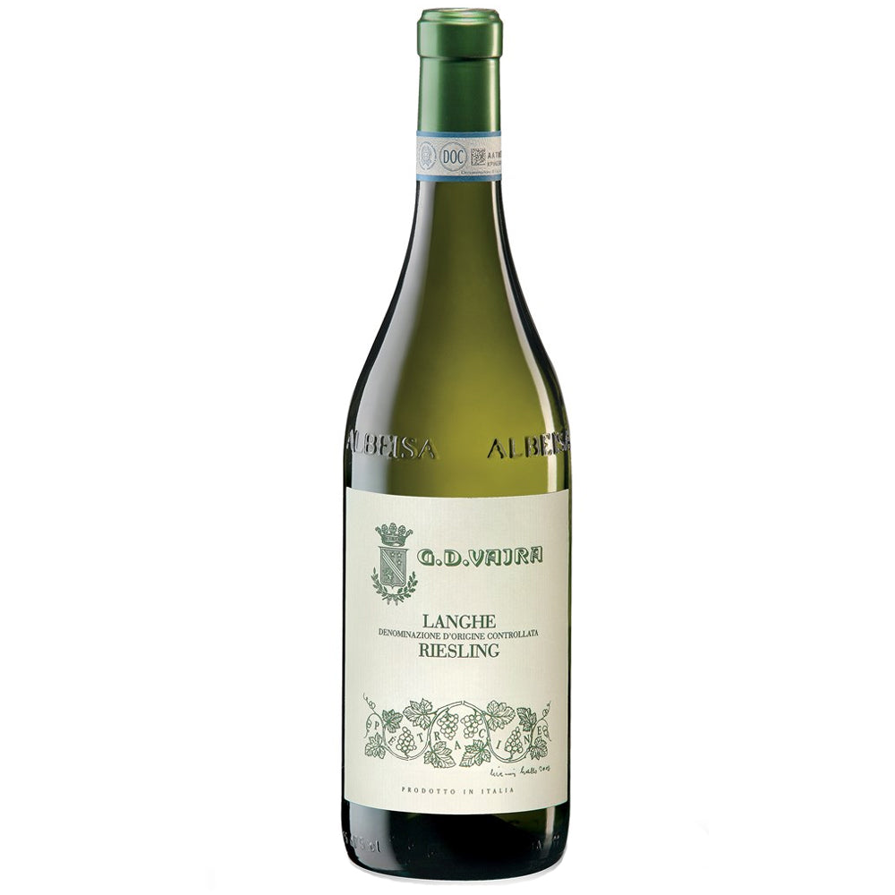 A bottle of G D Vajra Langhe Riesling on a white background. The green bottle has a beige label and green foil capsule.