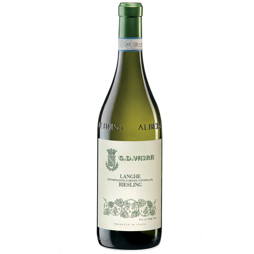 A bottle of G D Vajra Langhe Riesling on a white background. The green bottle has a beige label and green foil capsule.