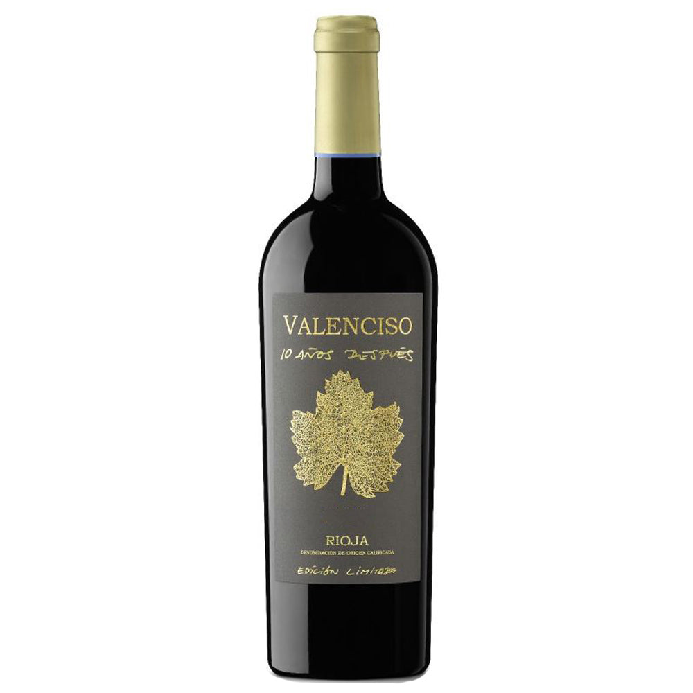 A bottle of Valenciso 10 Anos Despues Rioja Red wine with a dark glass body, a gold foil neck wrap, and a dark gray label featuring a gold maple leaf design.