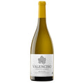 A bottle of Valenciso Rioja white wine, featuring a white label with a grey leaf logo and a yellow wax seal at the top, set against a plain white background.