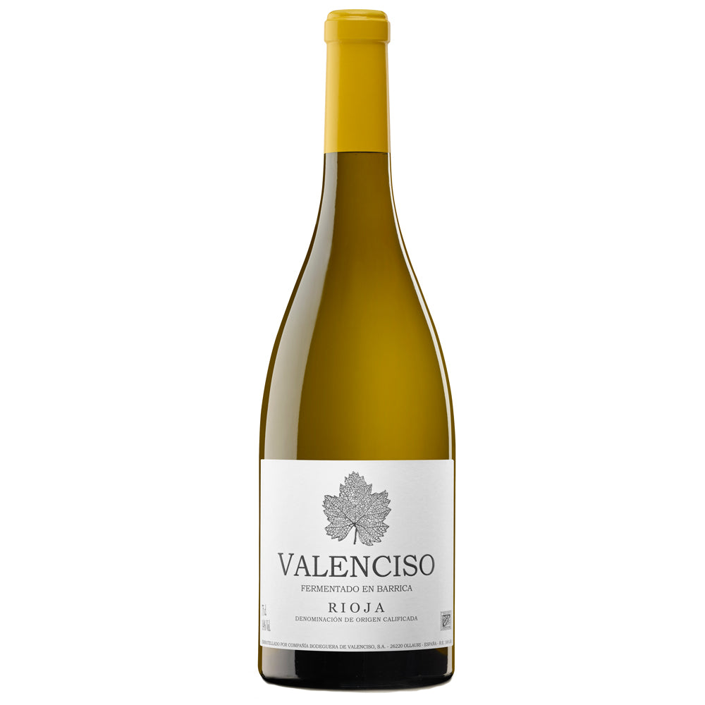 A bottle of Valenciso Rioja white wine, featuring a white label with a grey leaf logo and a yellow wax seal at the top, set against a plain white background.