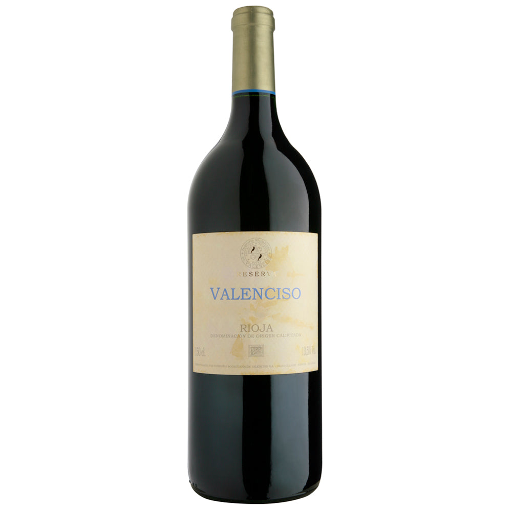 A magnum of Valenciso Reserva Rioja red wine with a dark glass body, a beige label with blue lettering, and a gold foil neck wrap, set against a plain white background.