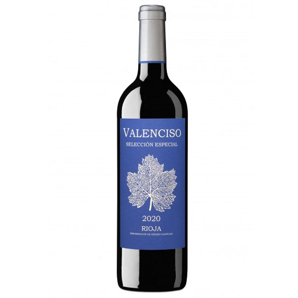 A bottle of Valenciso Seleccion Especial Rioja red wine, featuring a dark glass bottle with a blue and white label and a silver foil cap, set against a plain white background.