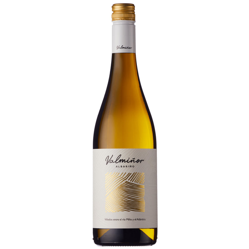 A bottle of Valminor Albarino white wine with a gold cap, white label, and gold abstract line pattern, shown on a solid white background.