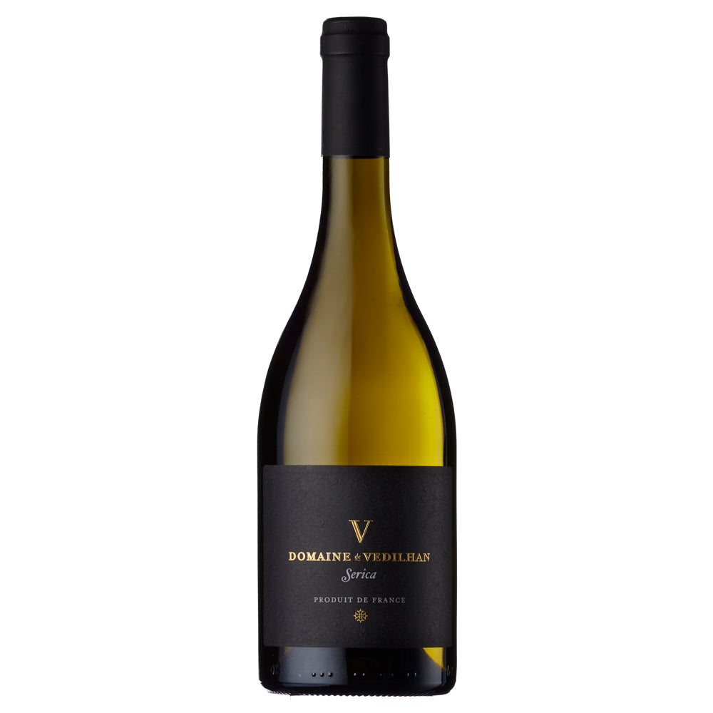 A bottle of Vedilhan Serica Viognier white wine with a dark black label and gold lettering, on a solid white background.