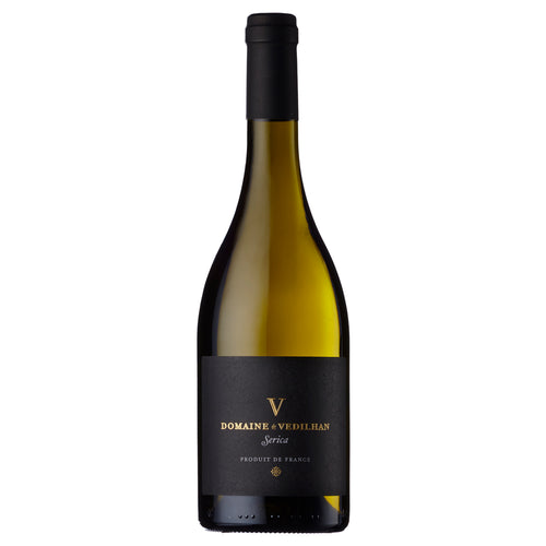 A bottle of Vedilhan Serica Viognier white wine with a dark black label and gold lettering, on a solid white background.