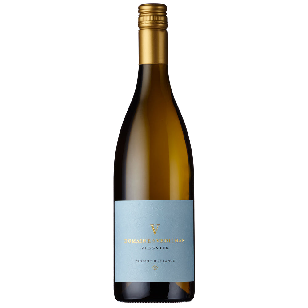A bottle of  Vedilhan Viognier white wine with a pale blue label and gold foil cap, photographed against a plain white background.