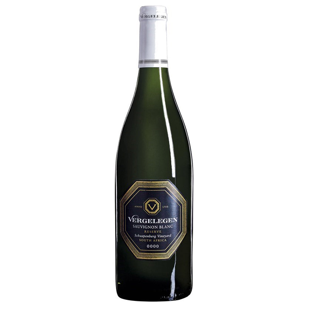 A bottle of Vergelegen Sauvignon Blanc white wine, featuring a dark green glass bottle, a white screw cap, and a black and gold label, set against a plain white background.