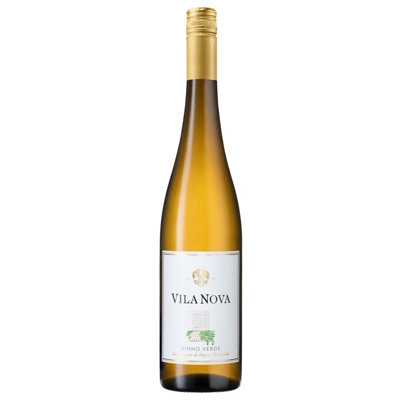 A bottle of Vila Nova Vinho Verde white wine in a dark green glass bottle with a gold foil cap and a white label, shown against a plain white background.