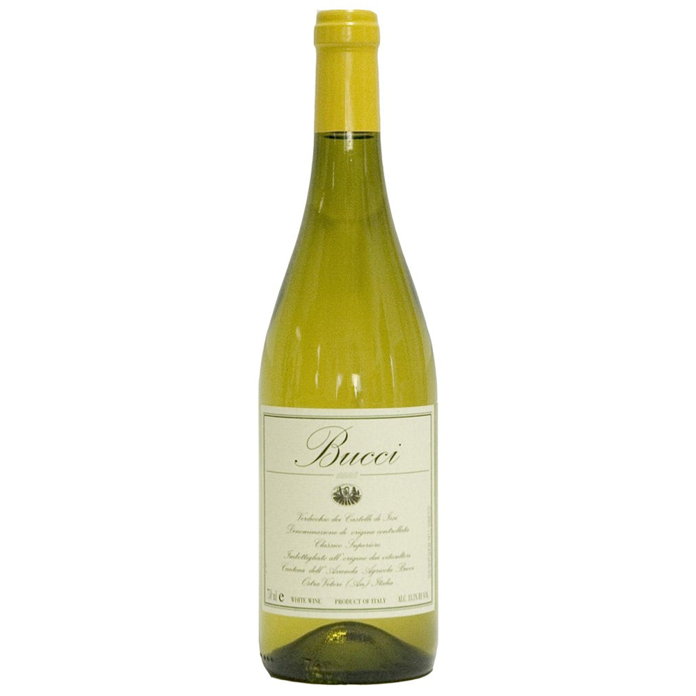 A bottle of Villa Bucci white wine in a green glass bottle, a yellow foil capsule, and a cream-colored label.