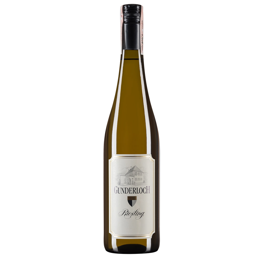 A bottle of Gunderioch Riesling white wine with a cream-colored label and a black screw cap, shown against a plain white background.