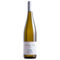 A bottle of Villa Wolf Dry Riesling 2018 white wine, featuring a pale golden-olive liquid inside a dark glass bottle with a white label and silver screw cap, set against a plain white background.