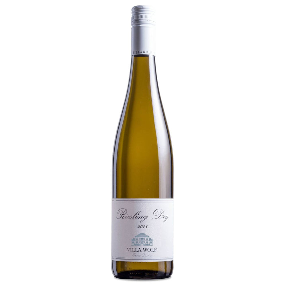 A bottle of Villa Wolf Dry Riesling 2018 white wine, featuring a pale golden-olive liquid inside a dark glass bottle with a white label and silver screw cap, set against a plain white background.
