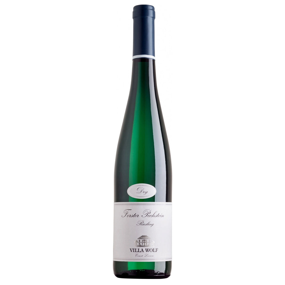 A bottle of Villa Wolf Forster Pechstein Riesling wine, featuring a dark green glass bottle, a white label with elegant script, and a dark blue capsule seal at the top, set against a plain white background.
