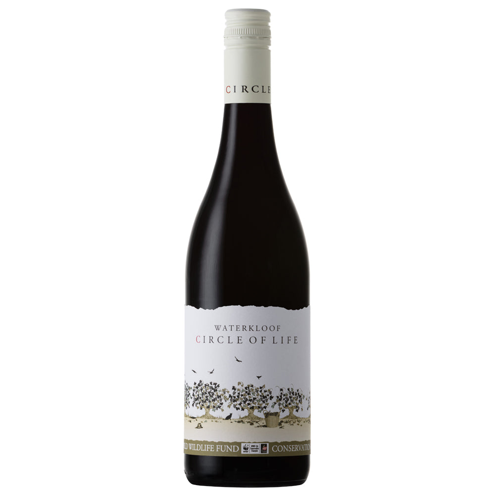 A bottle of Circle of Life Waterkloof red wine with a dark glass body, white label, and white screw cap, shown against a plain white background.