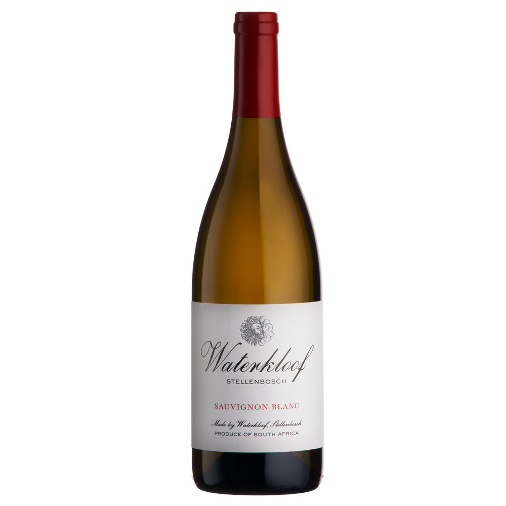 A bottle of Waterkloof Stellenbosch Sauvignon Blanc white wine, featuring a dark green glass bottle with a red foil capsule and a white label with black and red text.